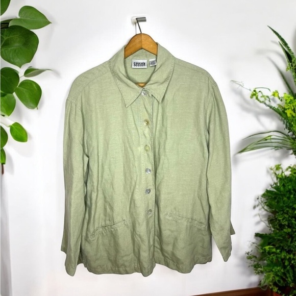 CHICO’S Design Vintage Linen Blend Mother of Pearl Shell Button Up Collard Shirt - Picture 1 of 10